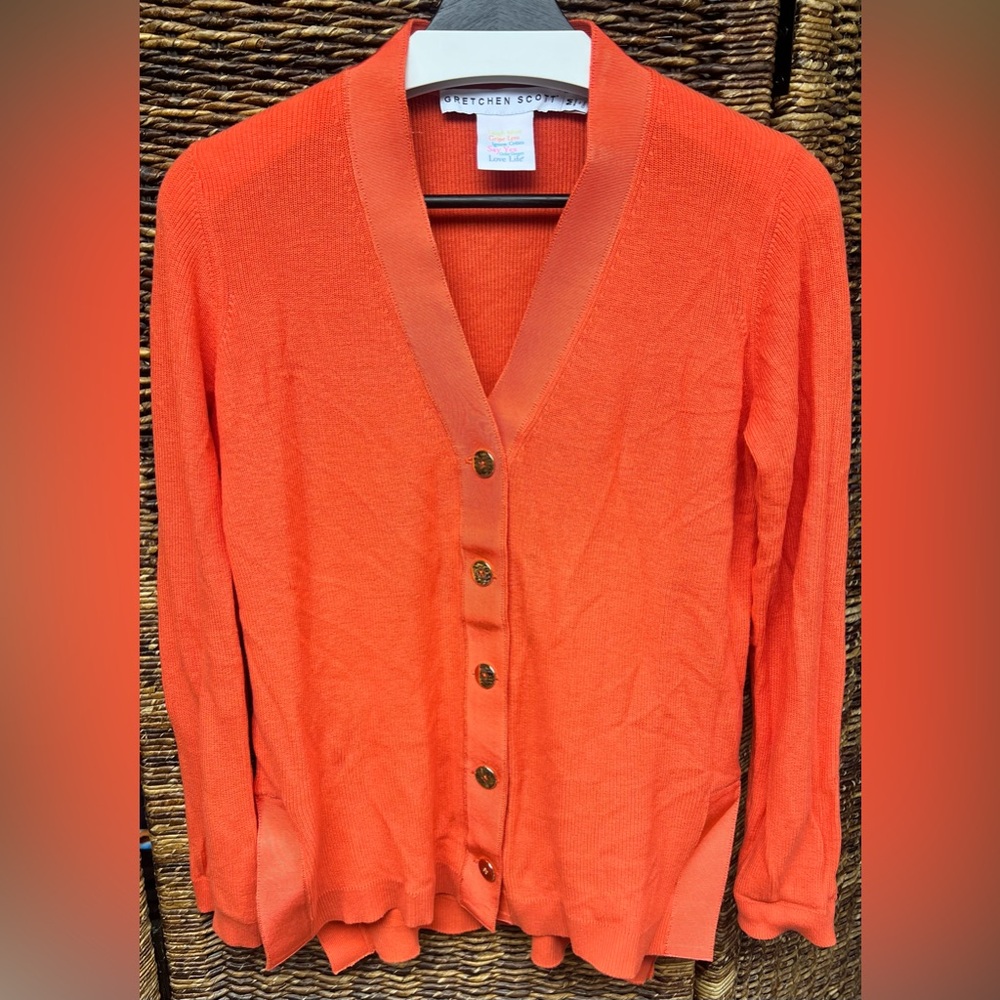 Gretchen Scott Designs Vibrant‎ Orange Cardigan- Medium, Shiny gold buttons